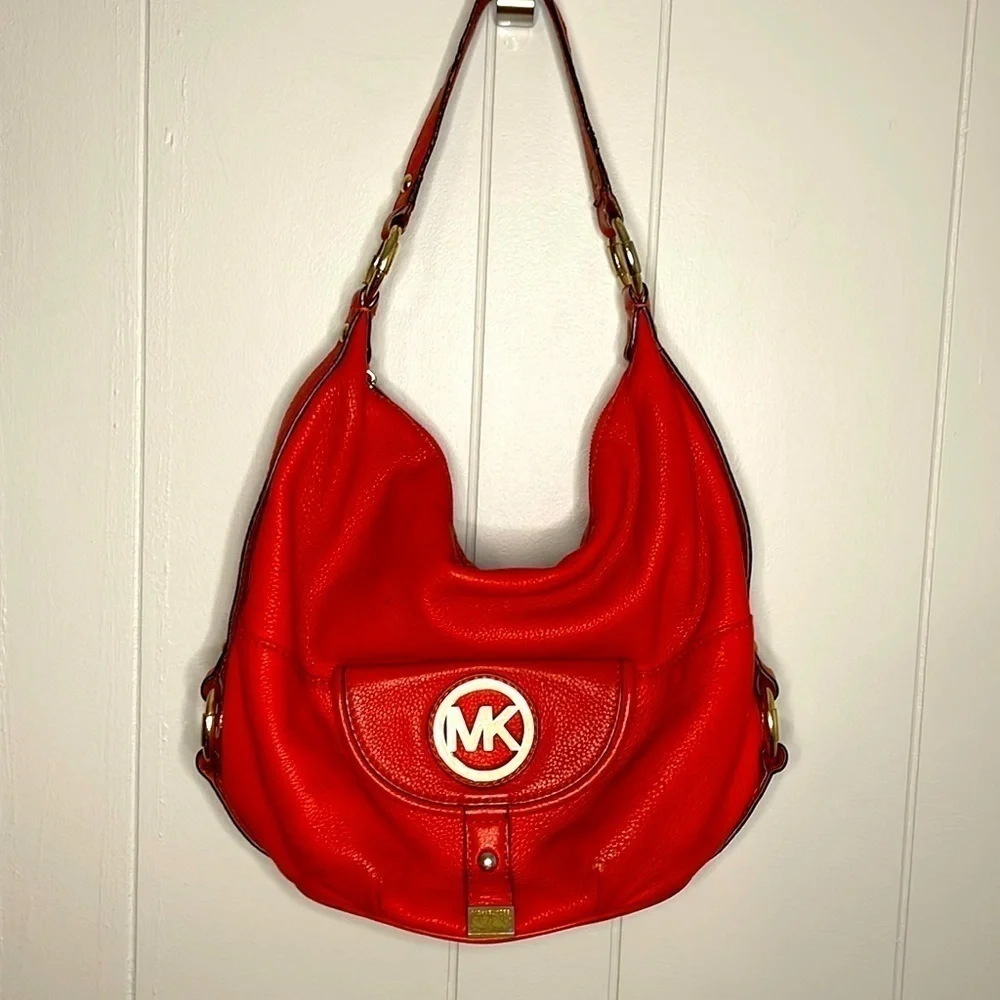 Michael Kors Fulton Orange Red Pebbled Leather Handbag Shoulder Bag